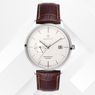 Ρολόι Gant East Hill G165002 με καφέ δερμάτινο λουράκι και άσπρο καντράν διαμέτρου 43mm.